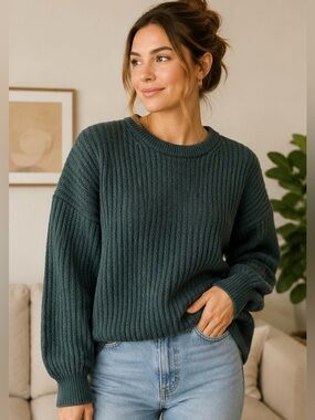 Sunday Best Ribbed Knit Sweater Women’s Small Green Relaxed Cozy Pullover